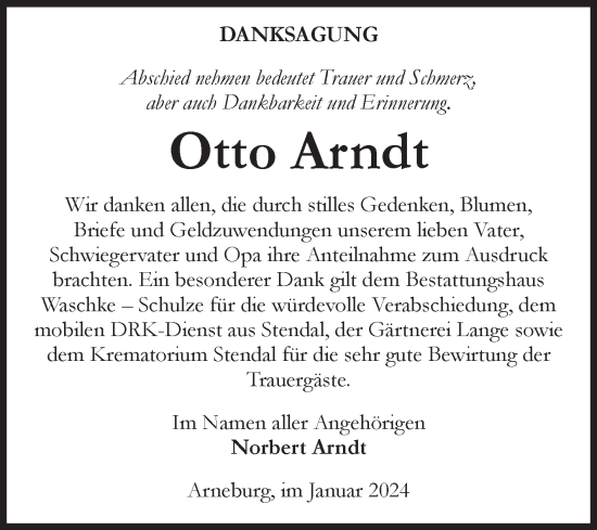 Traueranzeige von Otto Arndt von Volksstimme Altmark Ost