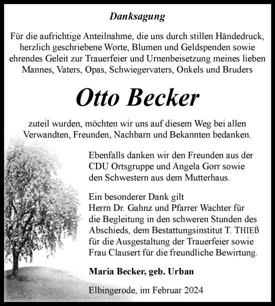 Traueranzeige von Otto Becker von Volksstimme Wernigerode
