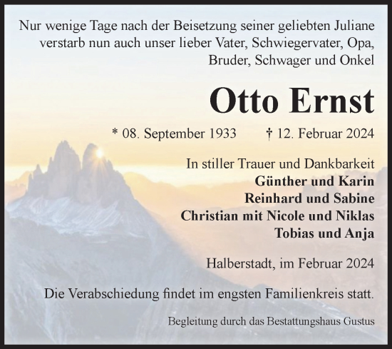 Traueranzeige von Otto Ernst von Volksstimme Halberstadt