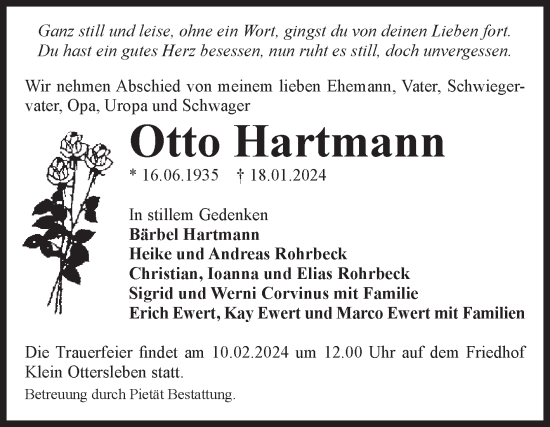 Traueranzeige von Otto Hartmann von Volksstimme Magdeburg