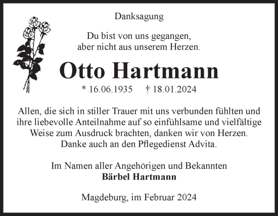 Traueranzeige von Otto Hartmann von Volksstimme Magdeburg