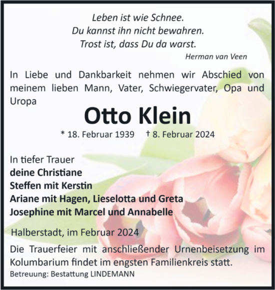 Traueranzeige von Otto Klein von Volksstimme Halberstadt