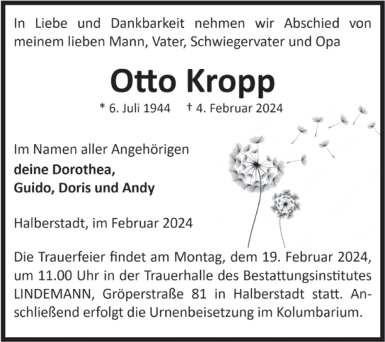 Traueranzeige von Otto Kropp von Volksstimme Halberstadt