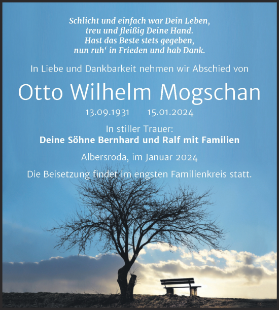 Traueranzeige von Otto Wilhelm Mogschan von Trauerkombi Merseburg