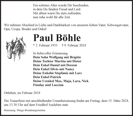 Traueranzeige von Paul Böhle von Volksstimme Oschersleben/Wanzleben