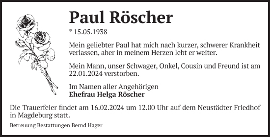 Traueranzeige von Paul Röscher von Volksstimme Magdeburg