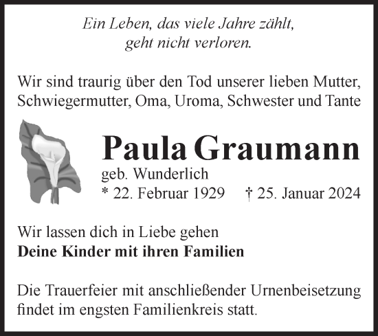 Traueranzeige von Paula Graumann von Volksstimme Altmark West