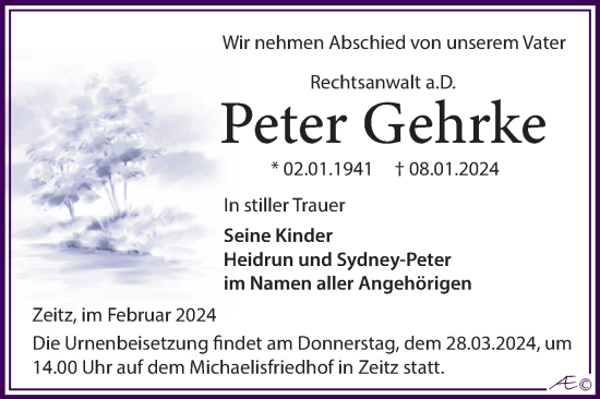 Traueranzeige von Peter Gehrke von Trauerkombi Zeitz