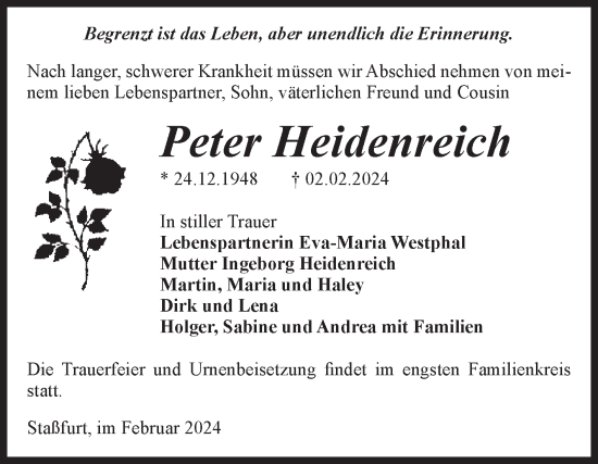 Traueranzeige von Peter Heidenreich von Volksstimme Staßfurt