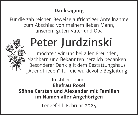 Traueranzeige von Peter Jurdzinski von Super Sonntag Naumburg/Nebra