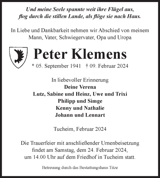 Traueranzeige von Peter Klemens von Volksstimme Burg/Genthin