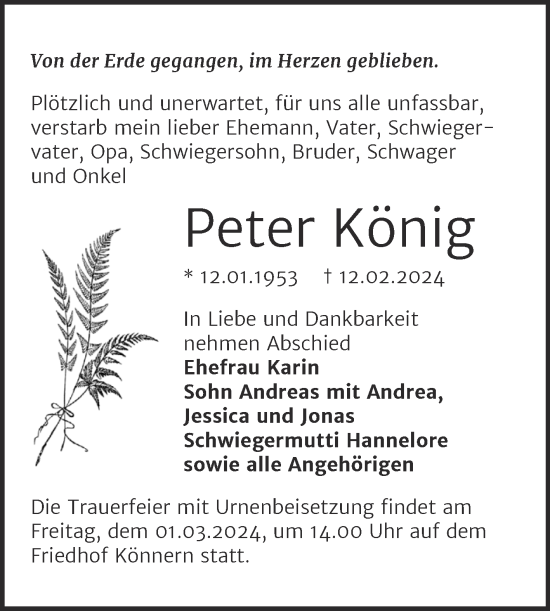 Traueranzeige von Peter König von Trauerkombi Bernburg