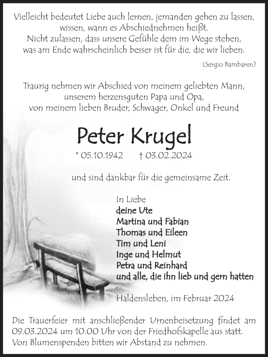 Traueranzeige von Peter Krugel von Volksstimme Haldensleben/Wolmirstedt