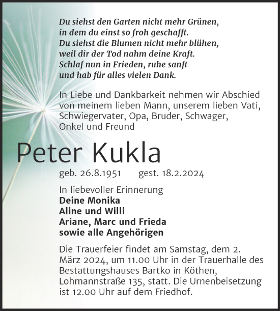 Traueranzeige von Peter Kukla von Trauerkombi Köthen