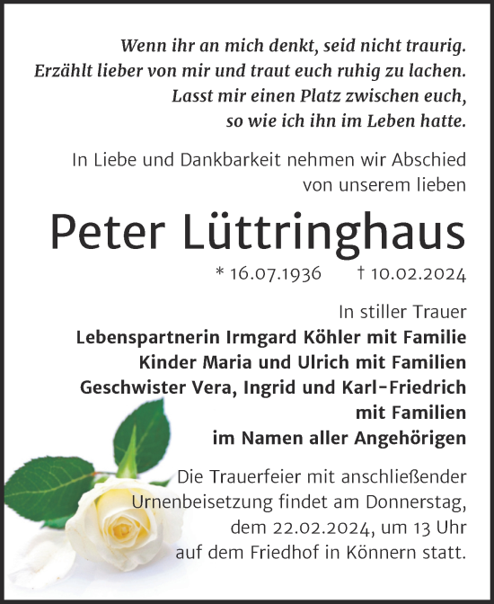 Traueranzeige von Peter Lüttringhaus von Trauerkombi Bernburg