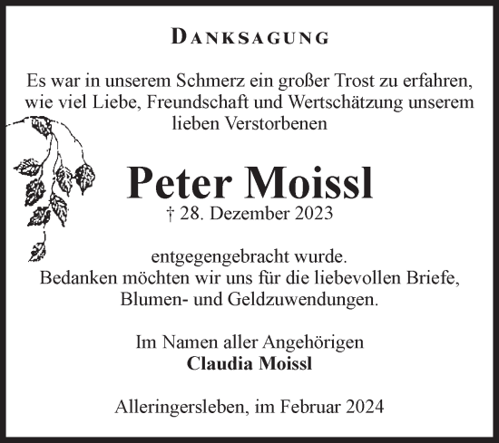 Traueranzeige von Peter Moissl von Volksstimme Haldensleben/Wolmirstedt