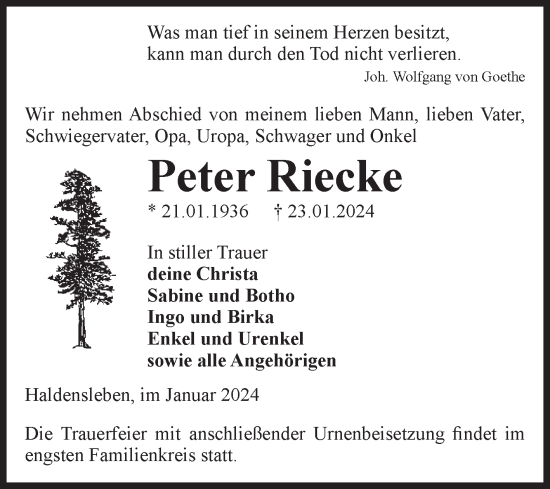 Traueranzeige von Peter Riecke von Volksstimme Haldensleben/Wolmirstedt