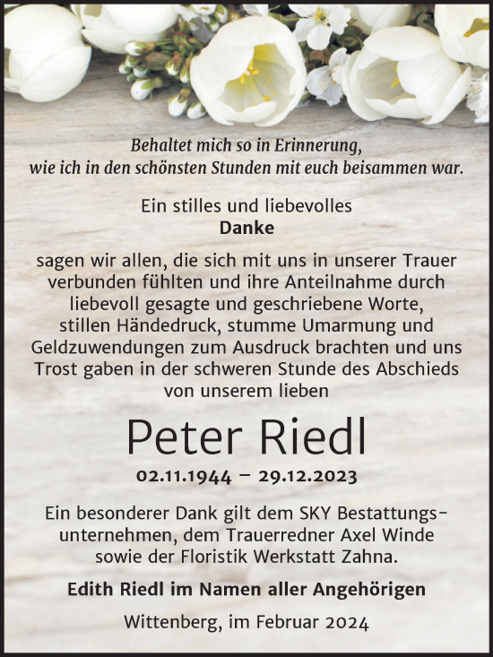 Traueranzeige von Peter Riedl von Trauerkombi Wittenberg