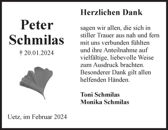 Traueranzeige von Peter Schmilas von Volksstimme Altmark Ost