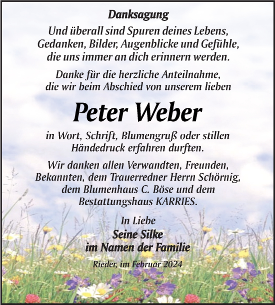 Traueranzeige von Peter Weber von Trauerkombi Quedlinburg