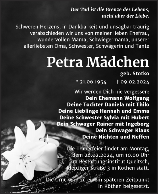 Traueranzeige von Petra Mädchen von Trauerkombi Köthen