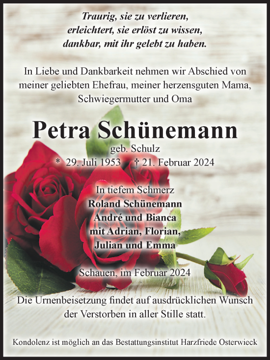 Traueranzeige von Petra Schünemann von Volksstimme Halberstadt