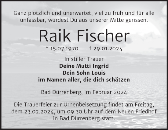 Traueranzeige von Raik Fischer von Trauerkombi Merseburg