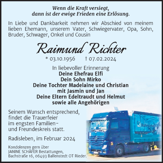Traueranzeige von Raimund Richter von Trauerkombi Quedlinburg
