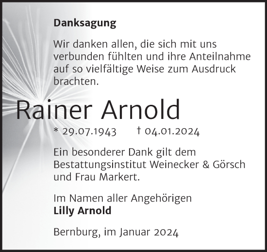 Traueranzeige von Rainer Arnold von Trauerkombi Bernburg