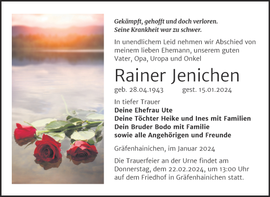 Traueranzeige von Rainer Jenichen von Trauerkombi Wittenberg