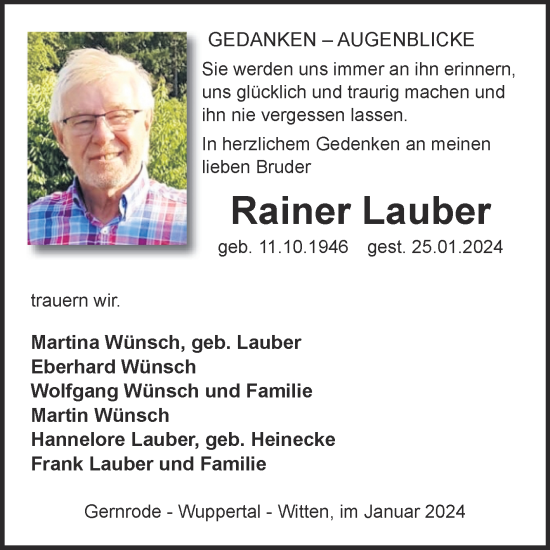 Traueranzeige von Rainer Lauber von Trauerkombi Quedlinburg