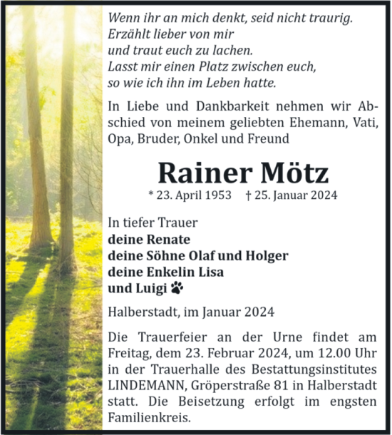 Traueranzeige von Rainer Mötz von Volksstimme Halberstadt