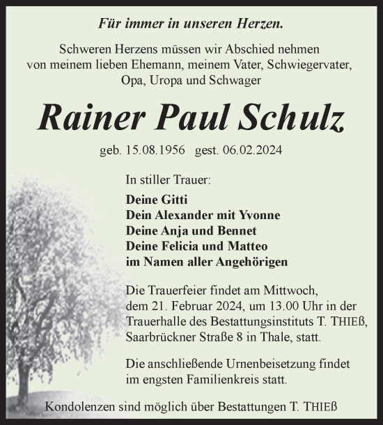 Traueranzeige von Rainer Paul Schulz von Trauerkombi Quedlinburg