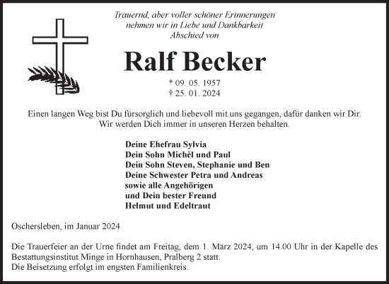 Traueranzeige von Ralf Becker von Volksstimme Oschersleben/Wanzleben