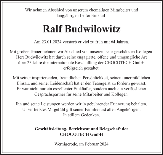 Traueranzeige von Ralf Budwilowitz von Volksstimme Wernigerode