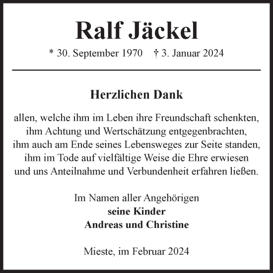 Traueranzeige von Ralf Jäckel von Volksstimme Altmark West