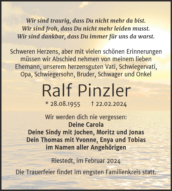Traueranzeige von Ralf Pinzler von Trauerkombi Sangerhausen