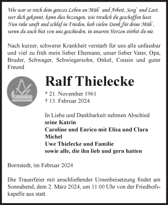 Traueranzeige von Ralf Thielecke von Volksstimme Haldensleben/Wolmirstedt