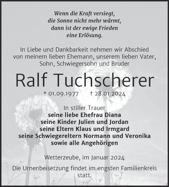 Traueranzeige von Ralf Tuchscherer von Trauerkombi Zeitz