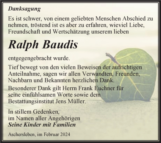 Traueranzeige von Ralph Baudis von Trauerkombi Aschersleben