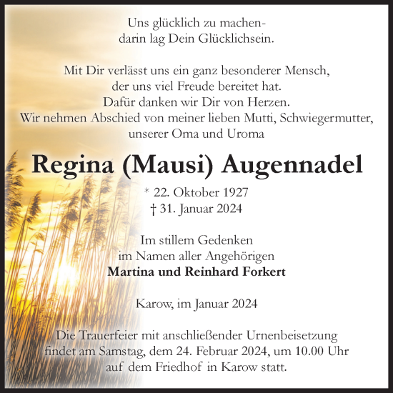 Traueranzeige von Regina Augennadel 