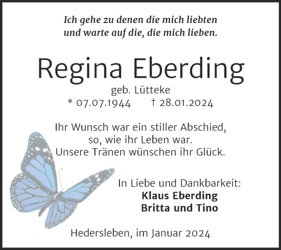 Traueranzeige von Regina Eberding von Trauerkombi Quedlinburg