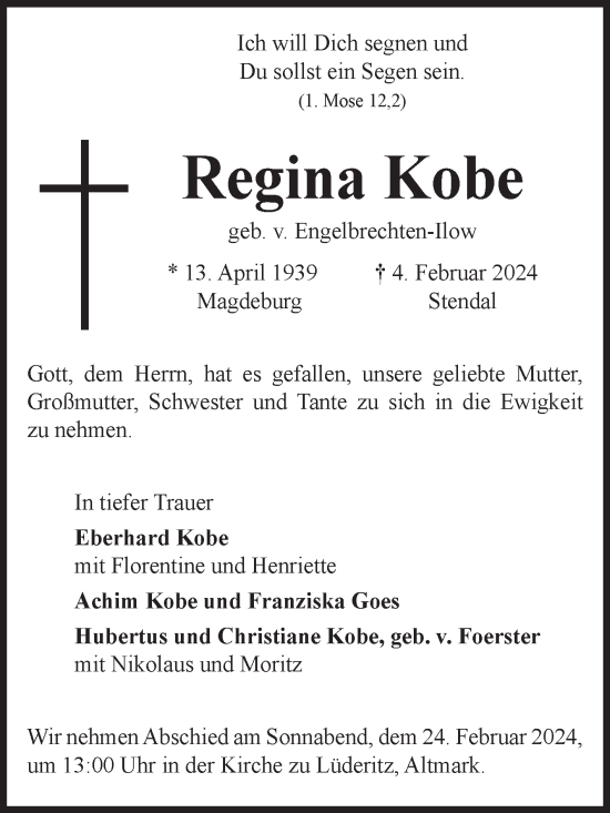 Traueranzeige von Regina Kobe von Volksstimme Altmark Ost