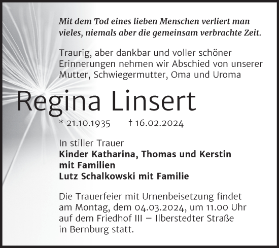 Traueranzeige von Regina Linsert von Trauerkombi Bernburg