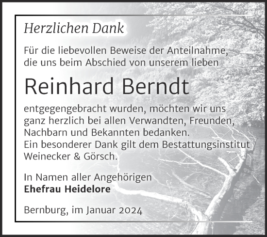 Traueranzeige von Reinhard Berndt von Trauerkombi Bernburg
