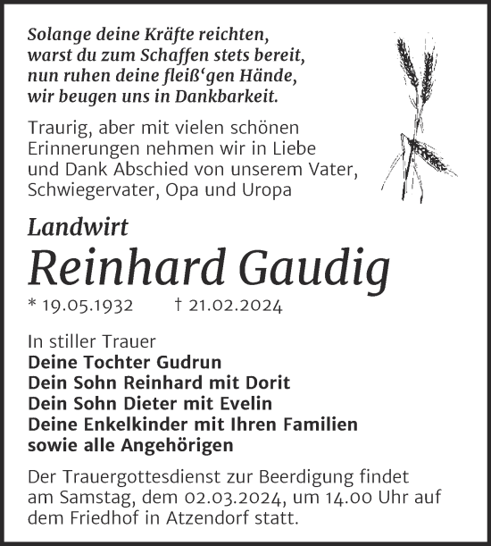 Traueranzeige von Reinhard Gaudig von Trauerkombi Merseburg