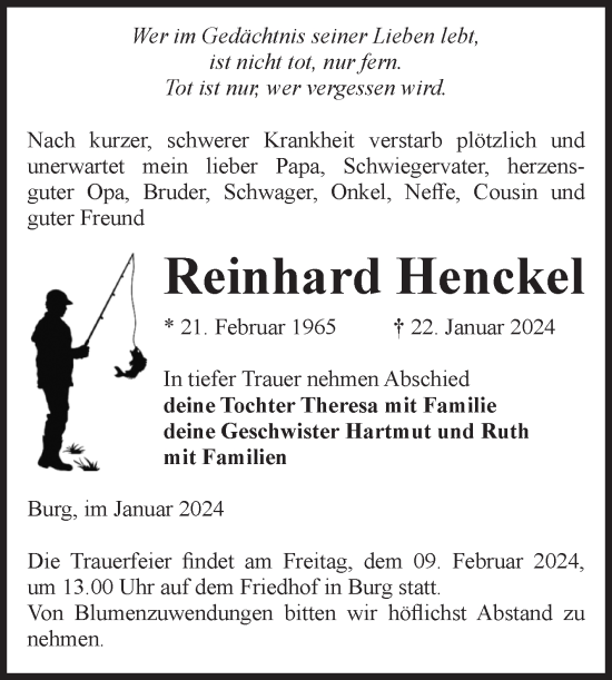 Traueranzeige von Reinhard Henckel von Volksstimme Burg/Genthin