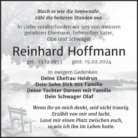 Traueranzeige von Reinhard Hoffmann von Trauerkombi Bitterfeld