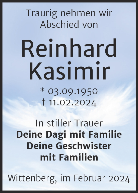 Traueranzeige von Reinhard Kasimir von Trauerkombi Wittenberg