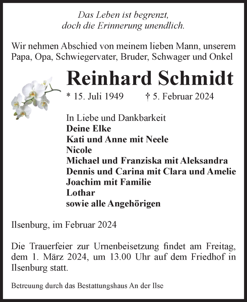  Traueranzeige für Reinhard Schmidt vom 24.02.2024 aus Volksstimme Wernigerode
